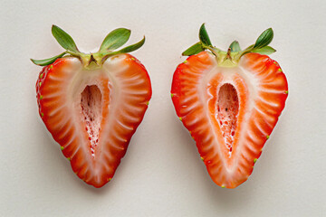 two halves of a strawberry with a green leaf