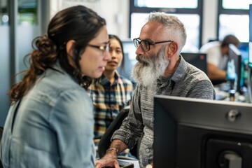 Group of diverse business people working together on a computer in an office