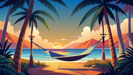 Wall Mural -  A cozy hammock tied between two palm trees with the ocean in the background