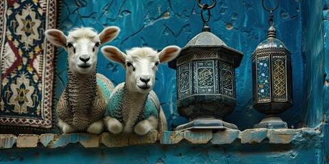 Wall Mural - Two Lamb Smiling Standing With White Teeth And Blue Islamic Prayer Niche Art And Islamic Lantern 