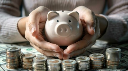 Piggy bank in hands with money stacks, representing financial security and banking. Great for financial planning and security visuals