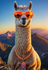 Llama wearing sunglasses and necklace on mountain peak at sunset
