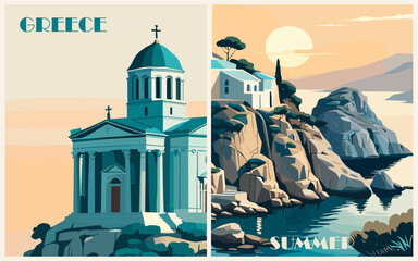 Set of Greece Travel Destination Posters in retro style. Landscape digital prints. European summer vacation, holidays concept. Vintage vector colorful illustrations.