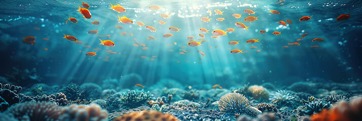 Wall Mural - flock of young small school fish under water background ocean