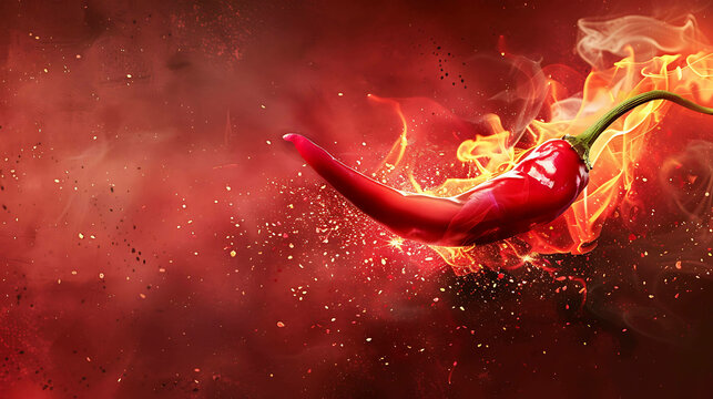Red hot chili pepper on fire with smoke and spices.