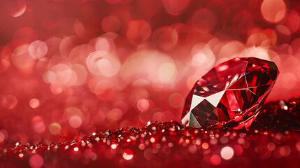 Red crystal gem laying on a bed of red glitter with a red blurred background with bokeh.