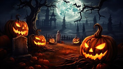 Canvas Print - halloween background with spooky pumpkins