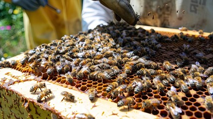 Wall Mural - Beekeeper checking queen bee and her brood in hive. Home production, honeycomb, beauty of nature, insects, apiary, protective suit, beekeeping, agriculture, village. Generative by AI.