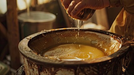 Wall Mural - Beekeeper extracting honey using centrifugal honey extract. Home production, beauty of nature, barrel of honey, freshly collected honey, beekeeping, agriculture, village. Generative by AI.