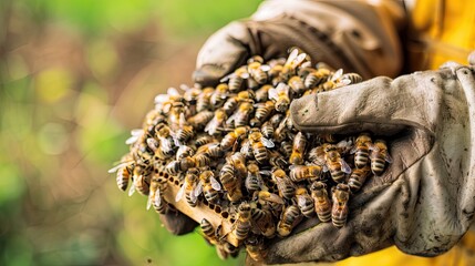 Wall Mural - Beekeepers hands holding frame covered with bees and brood, hand protection, home production. Beauty of nature, close up, beekeeping, agriculture, natural products. Generative by AI.