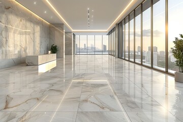 Wall Mural - Modern office lobby with marble flooring, large windows, and panoramic city view, creating an elegant and professional atmosphere