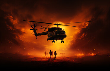 Canvas Print - Military helicopter is dropping wounded soldier on battlefield.