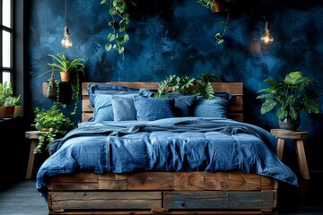 Poster - Cozy bedroom with blue bedding, green plants, and soft lighting, creating a relaxing and inviting atmosphere