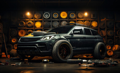 Wall Mural - Black tuned SUV with raised suspension in garage with wheels and tubes