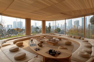 Poster - Minimalist tea room with natural wood elements, large windows, and city view, creating a serene and sophisticated atmosphere