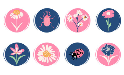 Wall Mural - blue and pink cute vector set of logo design templates, icons and badges for social media highlight with cute plants, flowers and  insects	