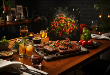 Wall Mural - The new menu features variety of dishes including new steak and variety of salads pastas and sides.