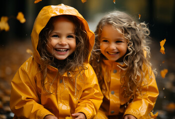 Wall Mural - Two cute little girls of preschool age are playing in the autumn park with yellow leaves.