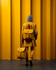 Wall Mural - Man in yellow suit walks along the yellow wall with yellow bag and gray hat on his back.