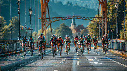 Wall Mural - Group of people riding bikes across historic bridge