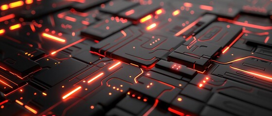 The image is an abstract circuit board with glowing red lines.