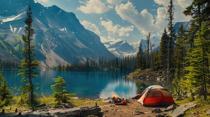 travel and camping adventure lifestyle with outdoor tent. springtime camping beside the lake and mou