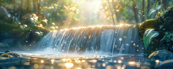 Panoramic view of the waterfall in blooming natural park. Background and banner concept.
