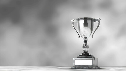 A silver trophy cup is sitting on a marble table. The trophy is in the center of the image. The background is a blurred gray.