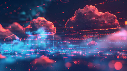 Wall Mural - Futuristic digital cloud computing illustration with bright lights