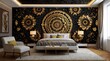 © Free - Black marble wall with gold ornate flourishes and a large gold decorative medallion in the center.