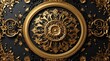 © Free - Black marble wall with gold ornate flourishes and a large gold decorative medallion in the center.