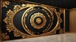 © Free - Black marble wall with gold ornate flourishes and a large gold decorative medallion in the center.