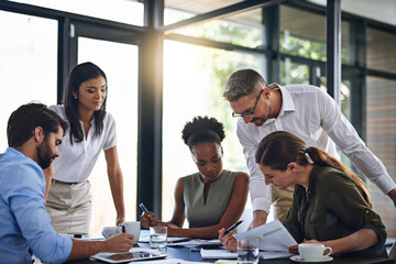 Poster - Business people, meeting and budget planning in boardroom for audit and financial logistics with paperwork. Corporate group, teamwork and company review for discussion about spending and resources