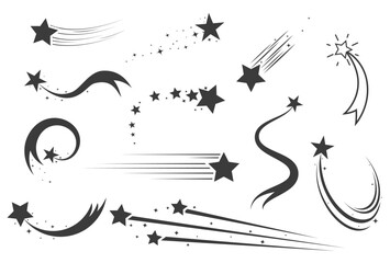 Wall Mural - shooting stars icons, flying star with comet tail, set of falling star with trails, vector