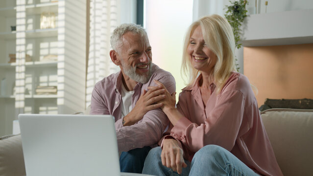happy senior family caucasian couple elderly woman man talking online video call female male using l