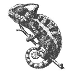 Wall Mural - chameleon animal with old engraving style black color only