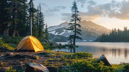 Wall Mural - Travel and camping adventure lifestyle with outdoor tent. Springtime camping beside the lake and mountain