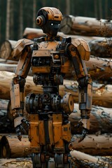 Wall Mural - An orange humanoid lumberjack robot stands against a background of logs and looks to the right