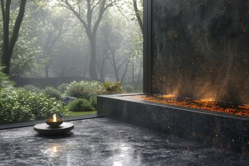 Sticker - Modern Zen garden with a water feature and lush greenery, bathed in soft misty light, promoting tranquility and relaxation