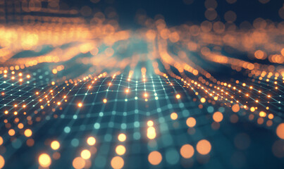 Abstract gradient hologram dynamic wave of particles and lines in mesh structure