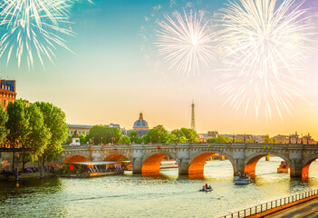 Wall Mural - bridge pont neuf and seine river at sunny summer sunset with fireworks, paris, france