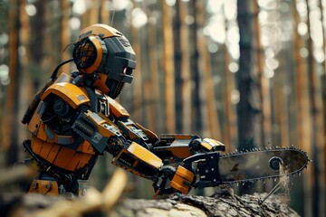 Wall Mural - Yellow-gray humanoid robot lumberjack cuts a tree in the forest with a chainsaw