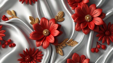 Wall Mural - 3D rendering of red flowers laying on a white marble surface.