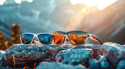 Canvas Print - Glasses for sports. Two pairs of Sports glasses with colored lenses on stones in mountains. Glasses for outdoor activities. Sports Sunglasses still life. Optic store promotion, eyewear sunglass sale