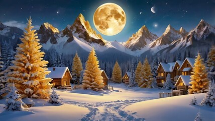 Wall Mural - shows a winter village in the mountains. 