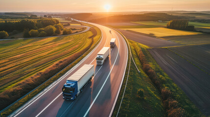 Trucks with container on highway, cargo delivery, transportation concept. Shaving effect. Truck driving on the asphalt road along green fields at sunset. lorry logistic freight transportation business