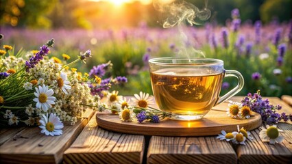 a cup of fragrant herbal tea on a wooden table against the background of a flower field