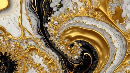 Wall Mural -  close-up of a black and white marble surface with gold veins.