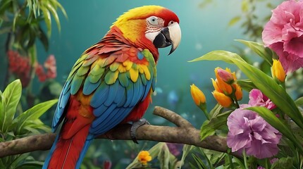 Wall Mural - s image shows a parrot with bright red, yellow, blue, and green feathers sitting on a branch in front of a green