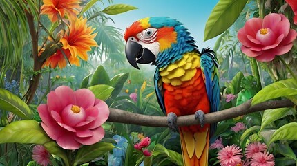 Wall Mural - s image shows a parrot with bright red, yellow, blue, and green feathers sitting on a branch in front of a green